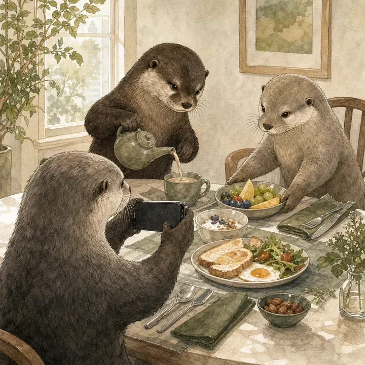 카페 테이블에 둘러앉은 해달 세 마리. 한 마리는 휴대폰으로 음식을 찍고, 다른 한 마리는 차를 따르고 있습니다.